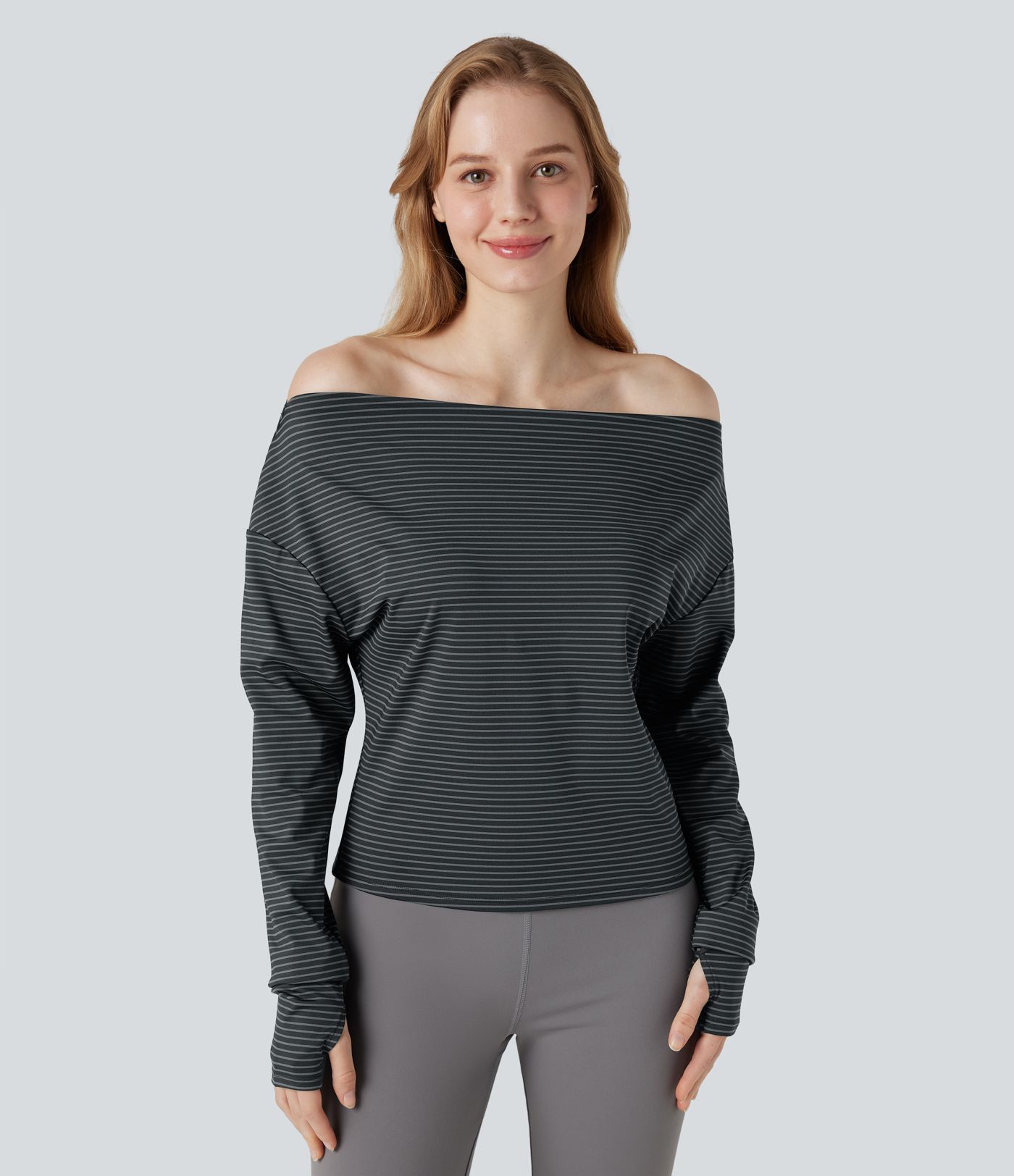 One-shoulder Long Sleeve Thumb Holes Stripe Yoga Sports Top
