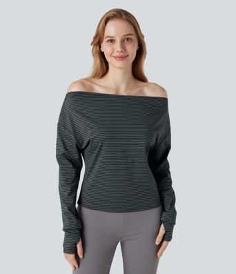 One-shoulder Long Sleeve Thumb Holes Stripe Yoga Sports Top