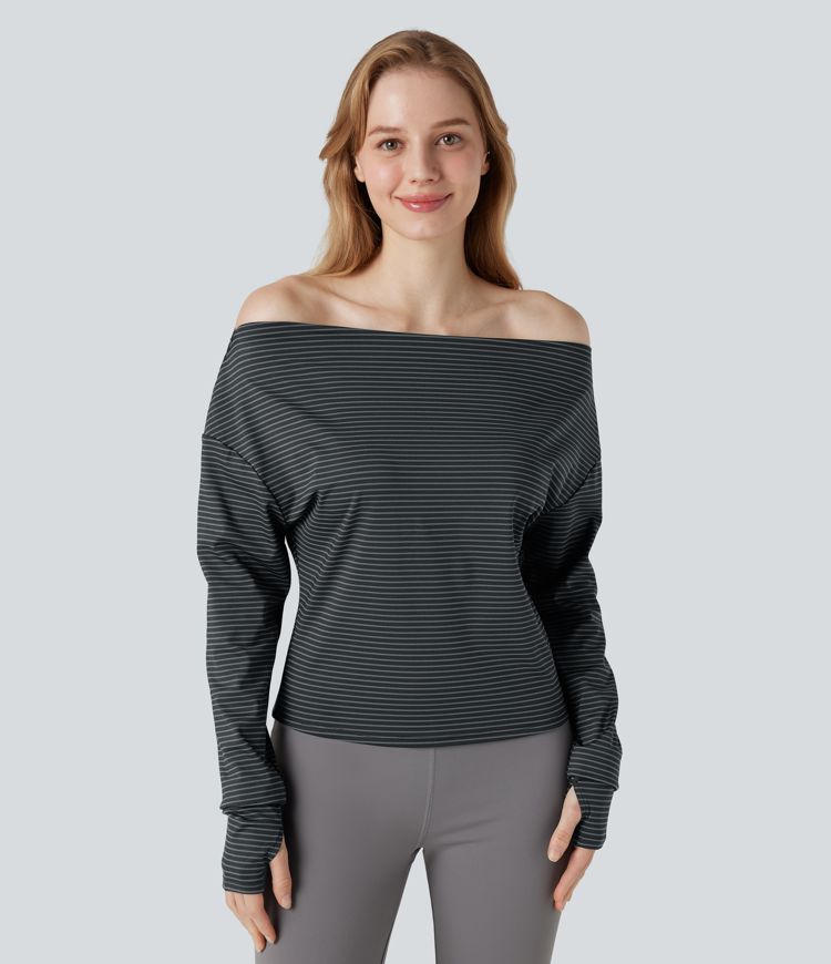 One-shoulder Long Sleeve Thumb Holes Stripe Yoga Sports Top