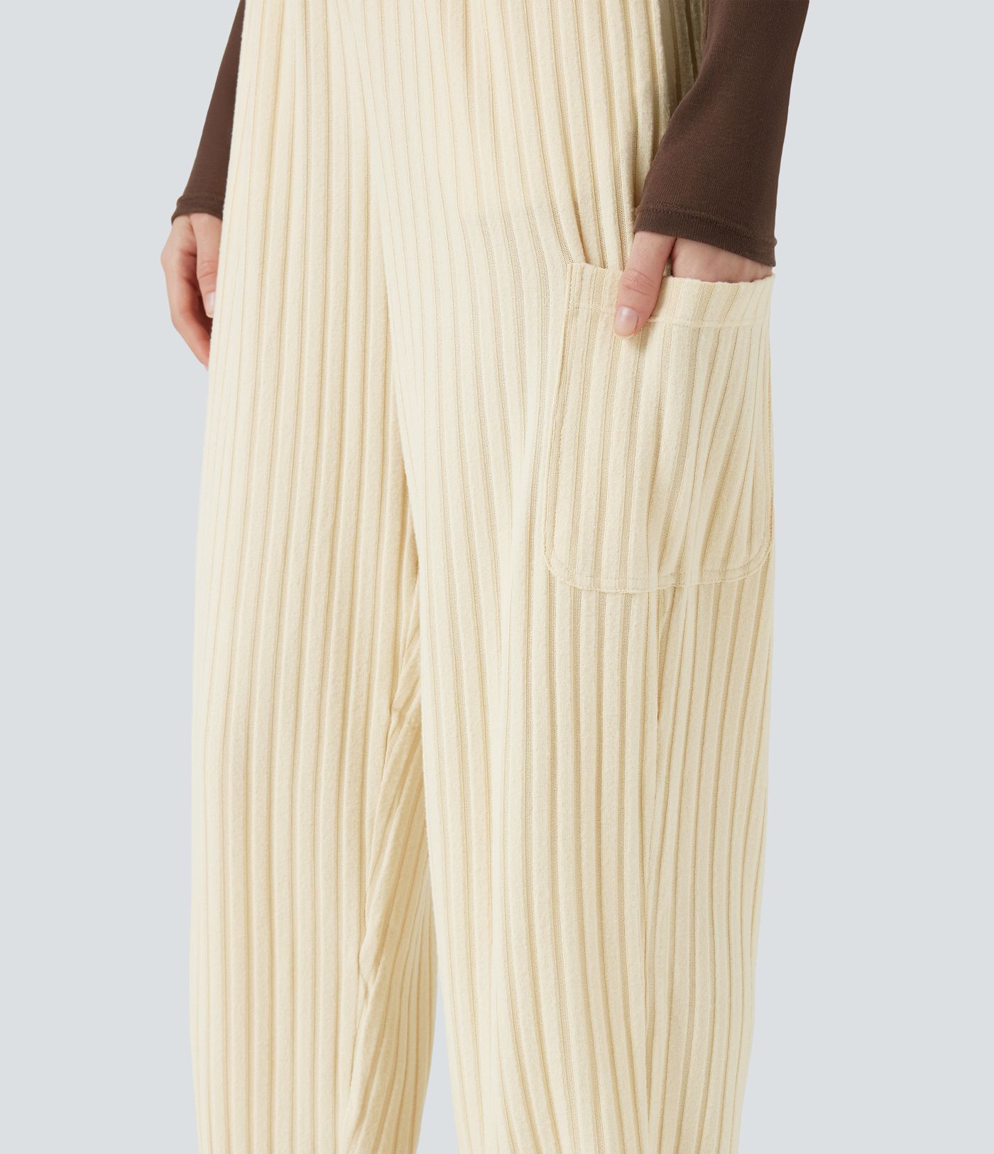 Ribbed Knit Adjustable Straps Drawstring Fleece Casual Dungarees with Pockets