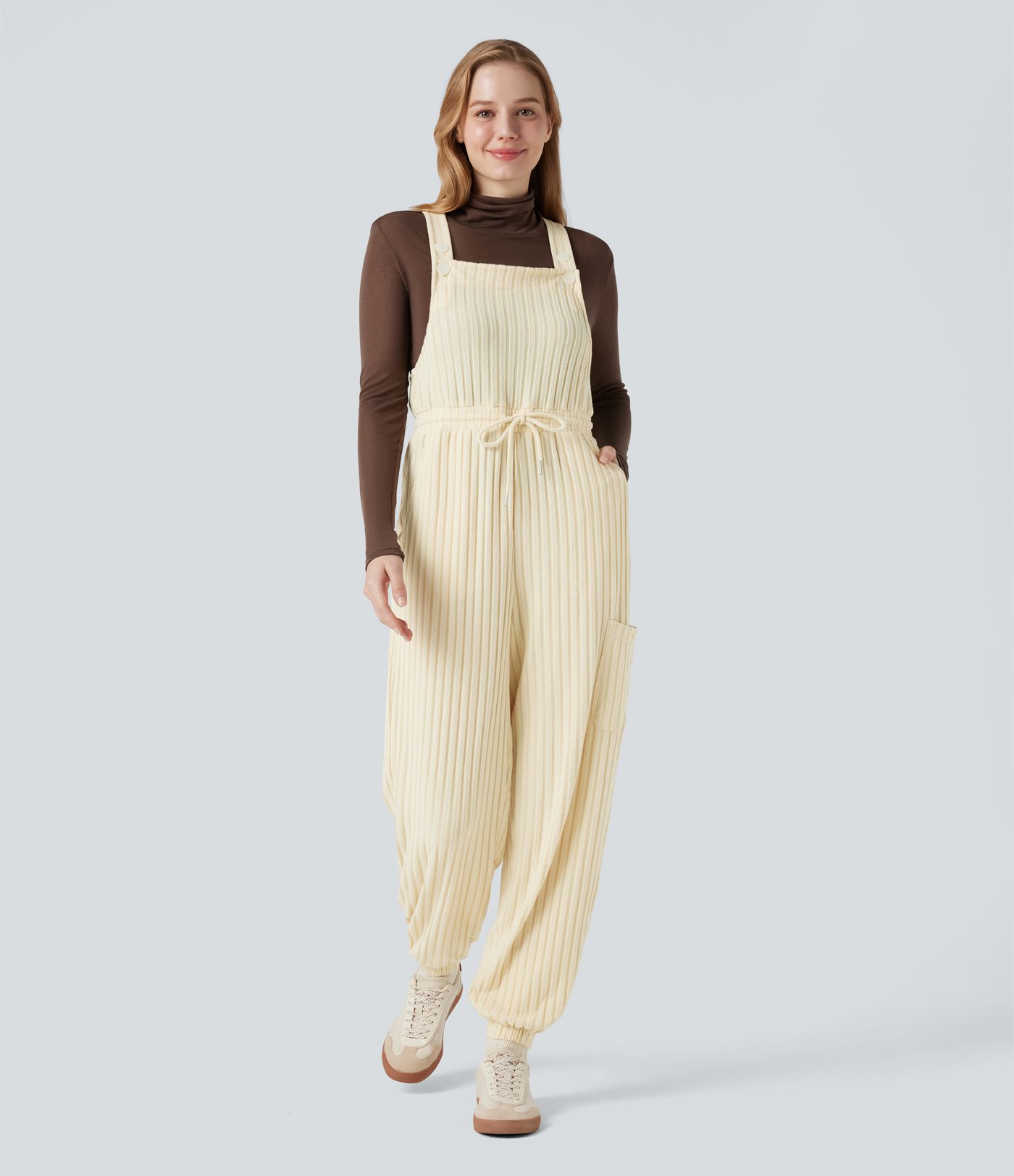 Ribbed Knit Adjustable Straps Drawstring Fleece Casual Dungarees with Pockets
