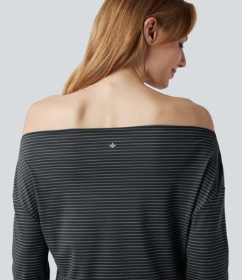 One-shoulder Long Sleeve Thumb Holes Stripe Yoga Sports Top