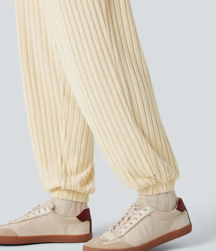 Ribbed Knit Adjustable Straps Drawstring Casual Dungarees with Pockets