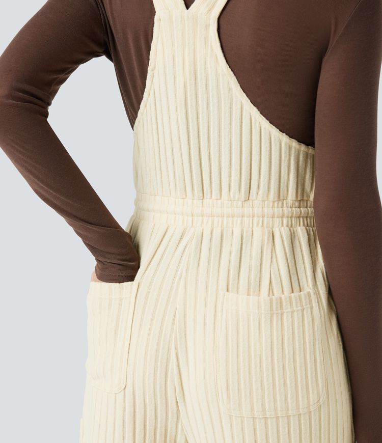 Ribbed Knit Adjustable Straps Drawstring Casual Dungarees with Pockets