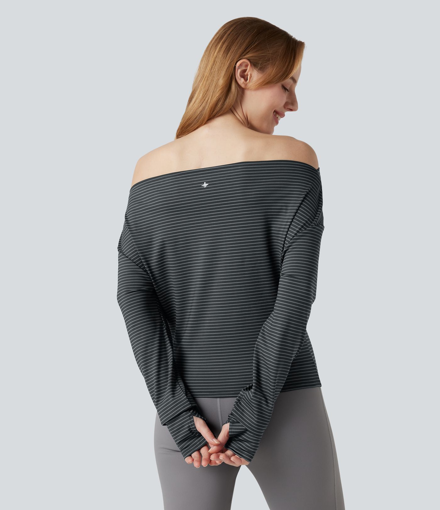 One-shoulder Long Sleeve Thumb Holes Stripe Yoga Sports Top