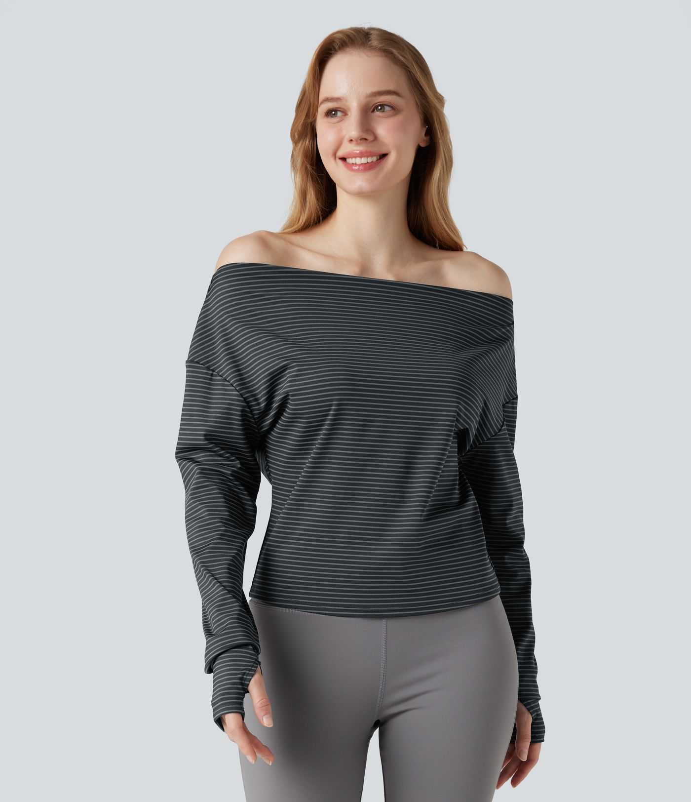 One-shoulder Long Sleeve Thumb Holes Stripe Yoga Sports Top