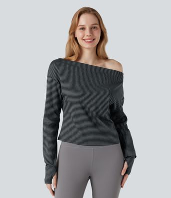 One-shoulder Long Sleeve Thumb Holes Stripe Yoga Sports Top