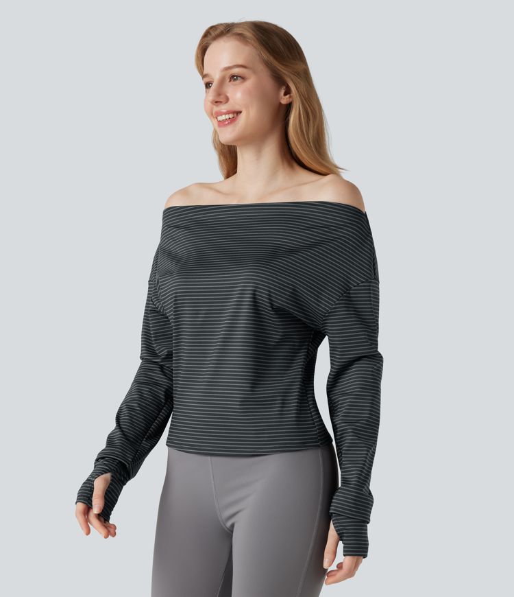 One-shoulder Long Sleeve Thumb Holes Stripe Yoga Sports Top