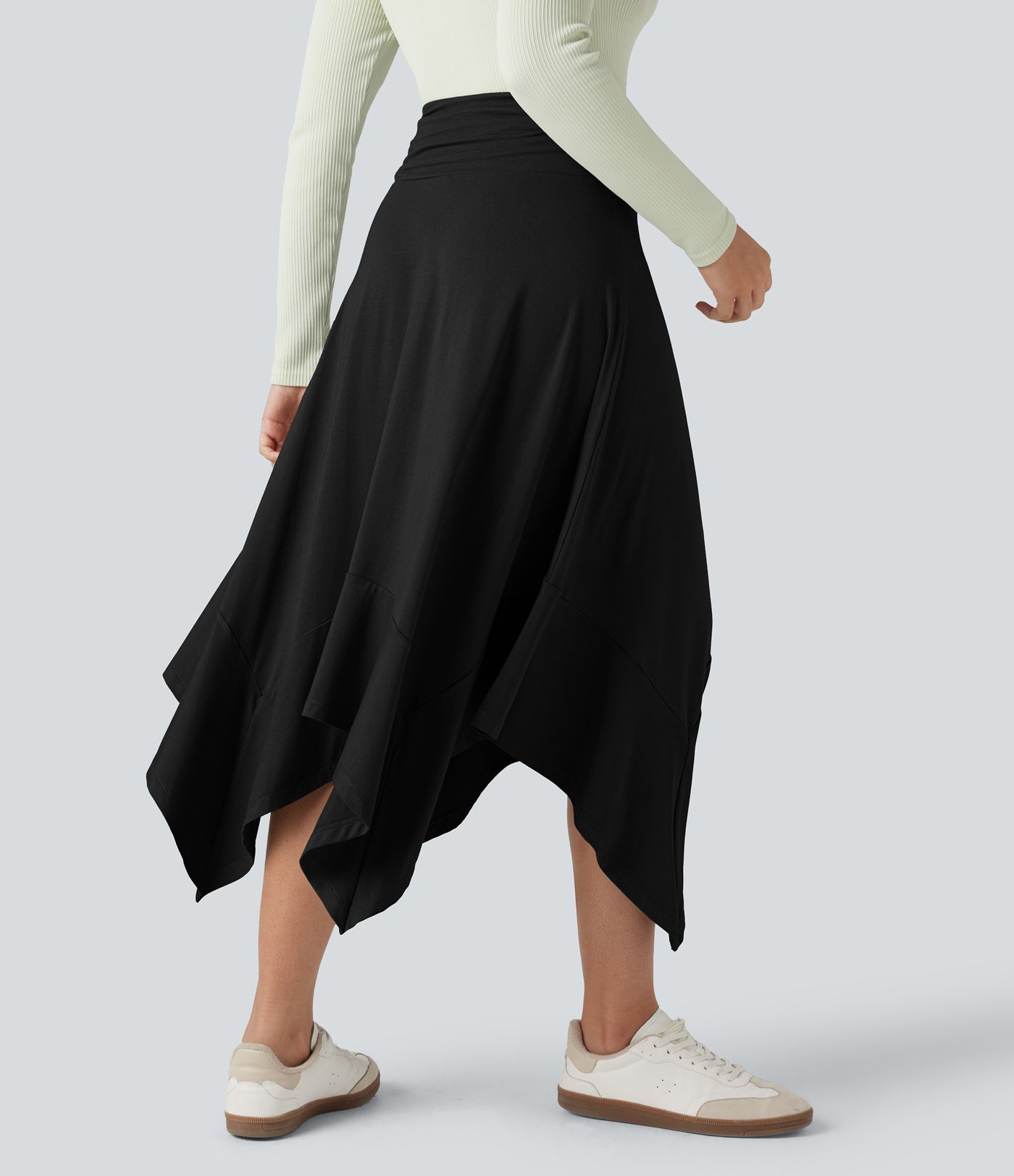 High Waisted Ruched Flowy Midi Casual Skirt