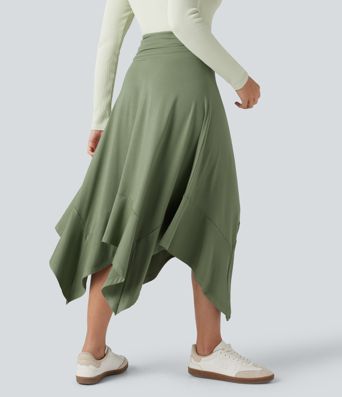 High Waisted Ruched Flowy Midi Casual Skirt