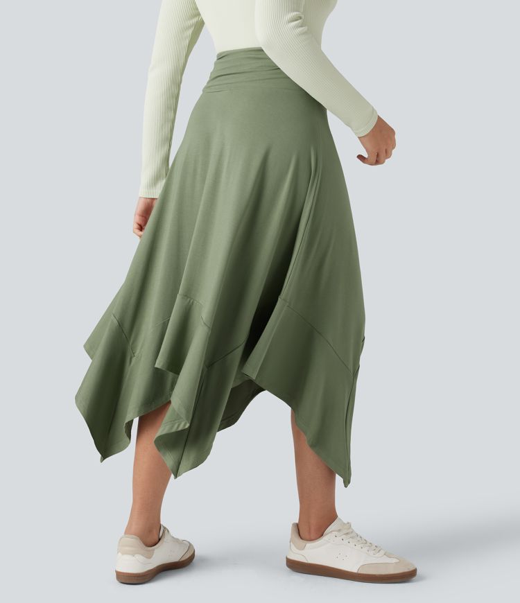 High Waisted Ruched Flowy Midi Casual Skirt