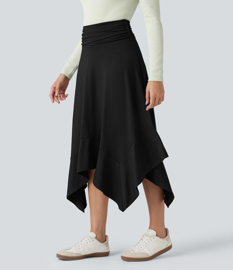 High Waisted Ruched Flowy Midi Casual Skirt