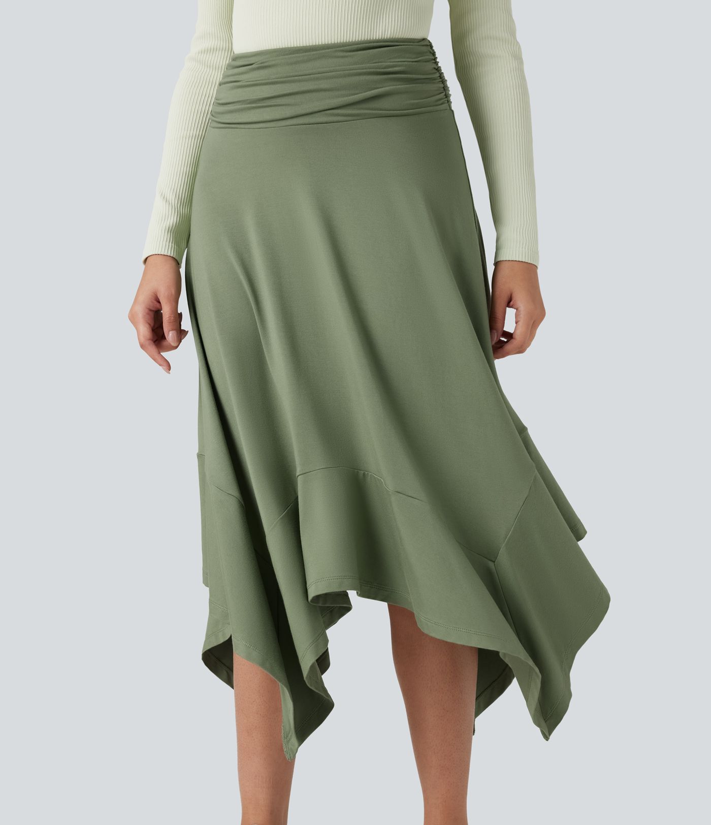 High Waisted Ruched Flowy Midi Casual Skirt