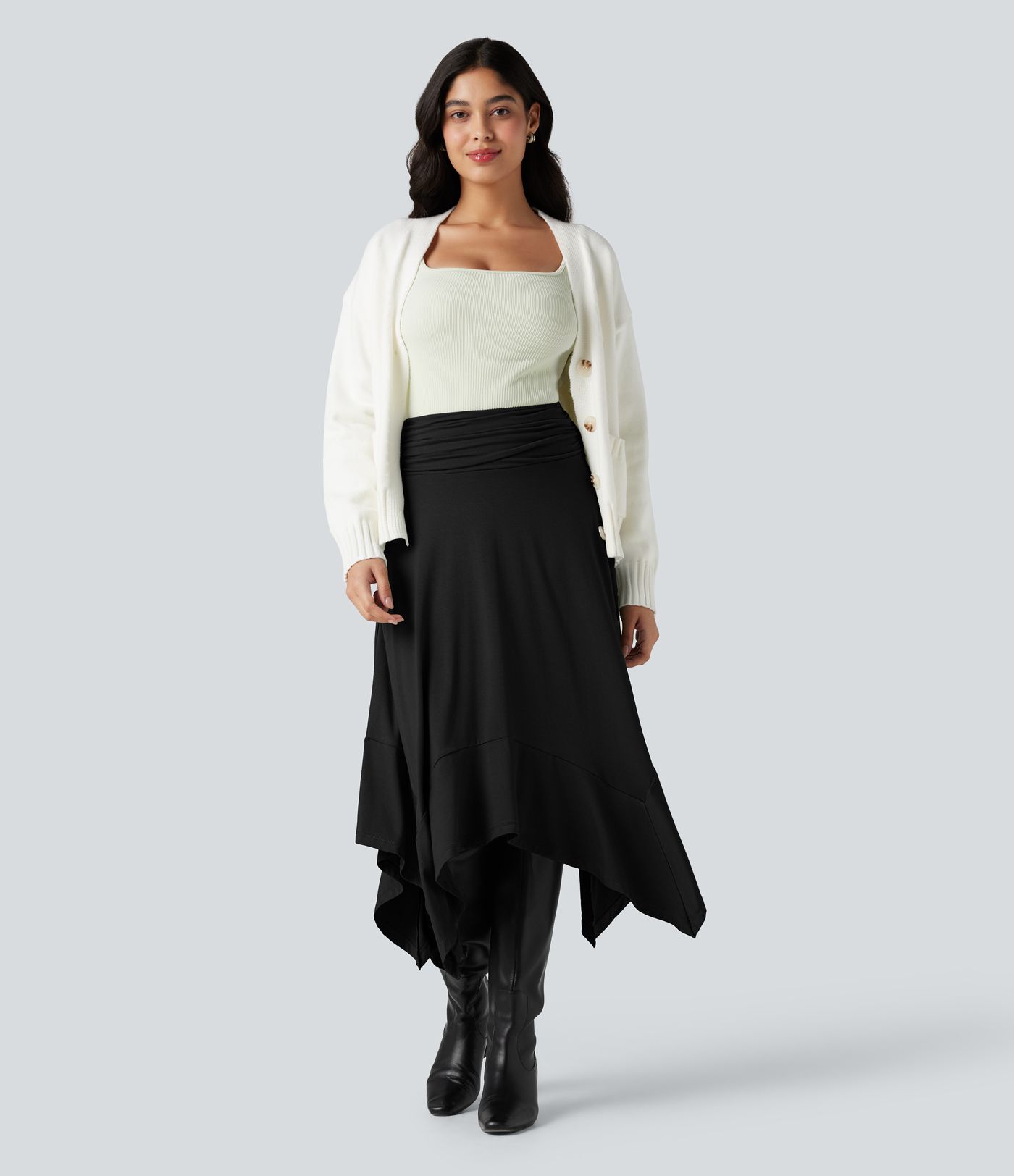 High Waisted Ruched Flowy Midi Casual Skirt