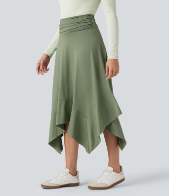 High Waisted Ruched Flowy Midi Casual Skirt