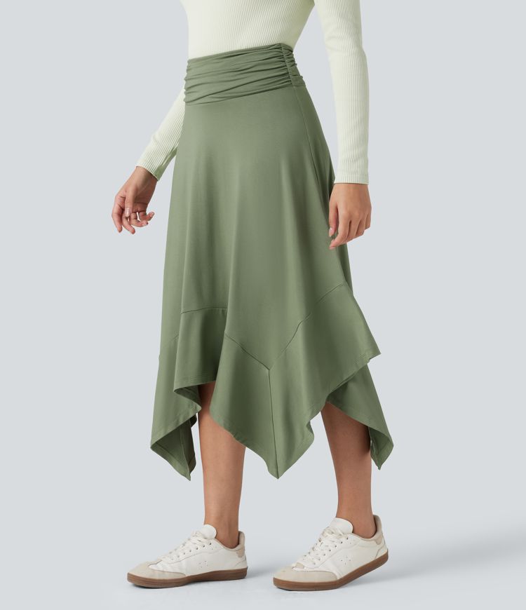 High Waisted Ruched Flowy Midi Casual Skirt