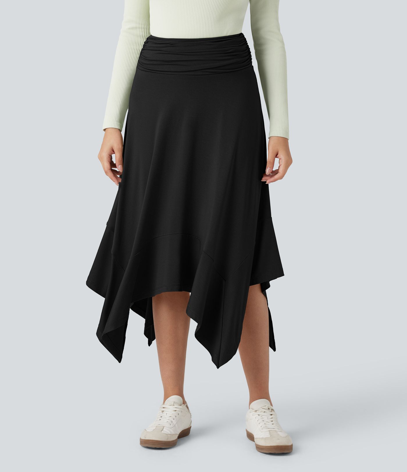 High Waisted Ruched Flowy Midi Casual Skirt
