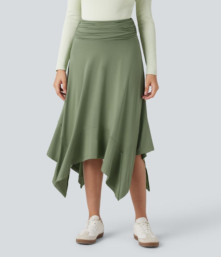 High Waisted Ruched Flowy Midi Casual Skirt