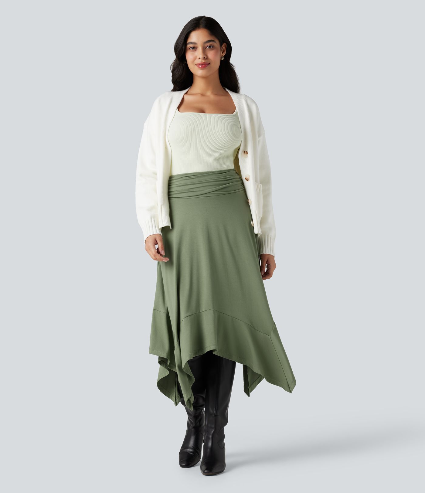 High Waisted Ruched Flowy Midi Casual Skirt