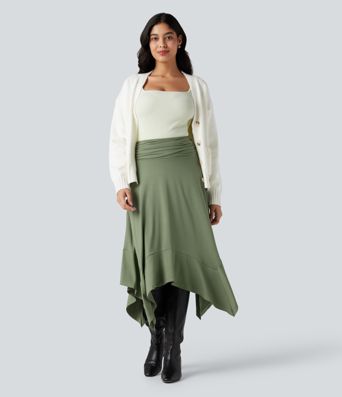 High Waisted Ruched Flowy Midi Casual Skirt