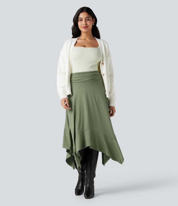 High Waisted Ruched Flowy Midi Casual Skirt