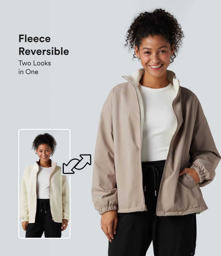 Veste polaire randonnée réversible col montant fermeture éclair manches longues avec poches (Deux looks en un)