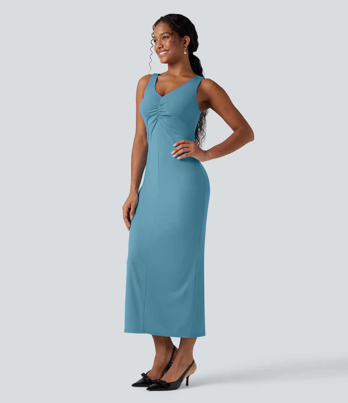 V Neck Ruched Midi Dress