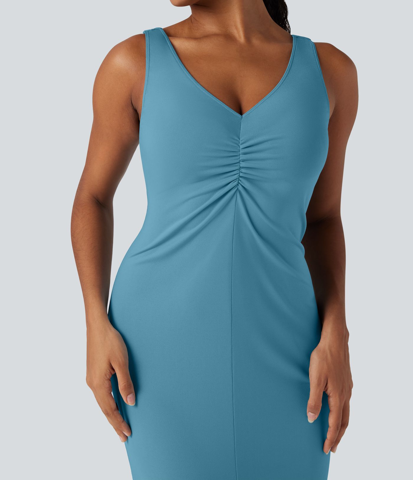 V Neck Ruched Midi Dress