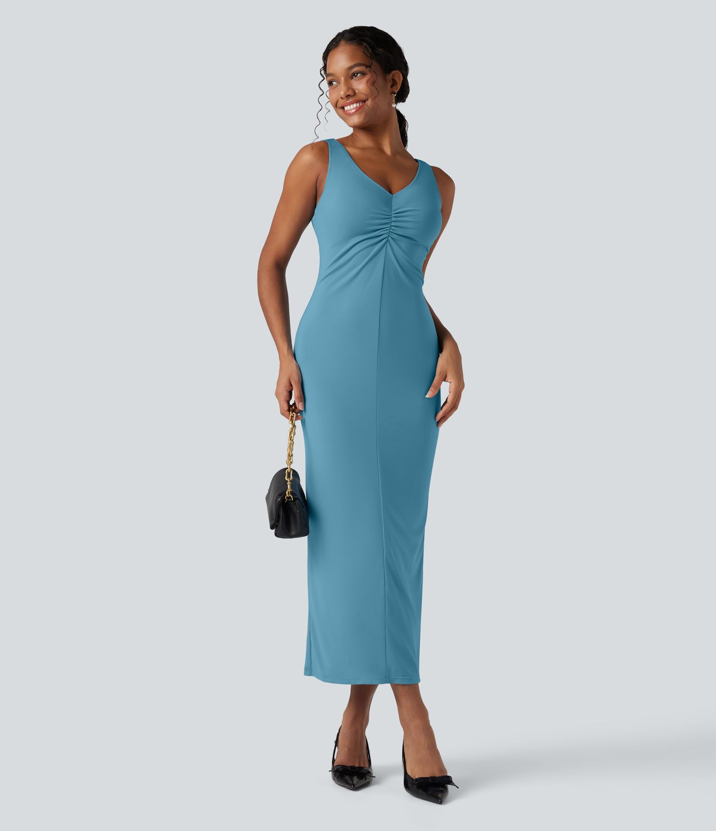 V Neck Ruched Midi Dress