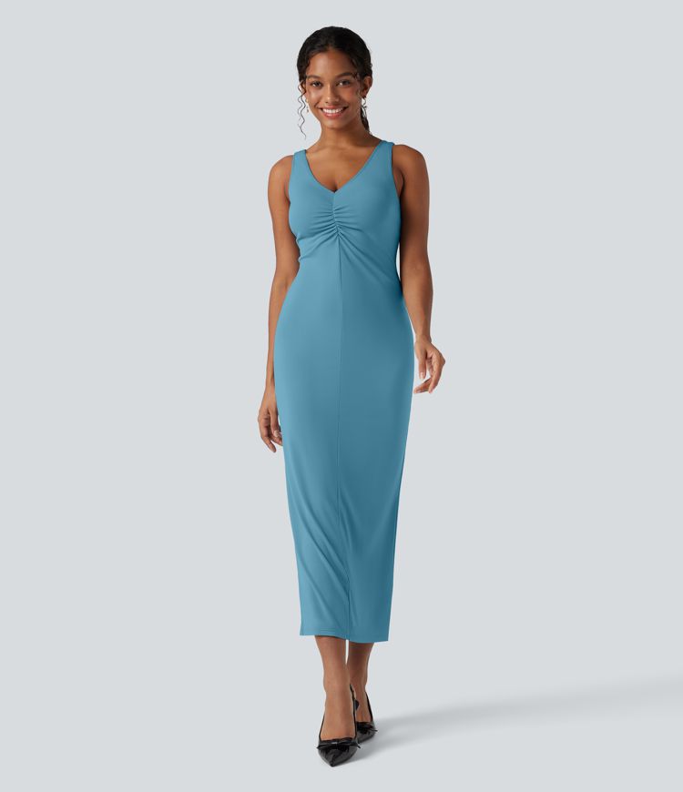 V Neck Ruched Midi Dress