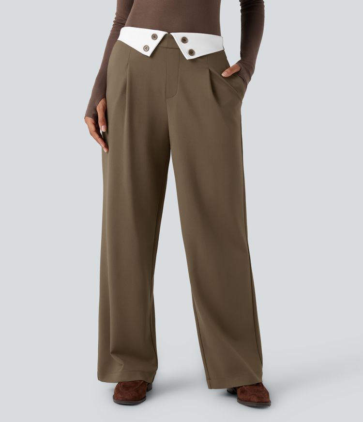 Halara Flex™ Foldover Mid Rise Color Block Straight Leg Work Pants with Pockets