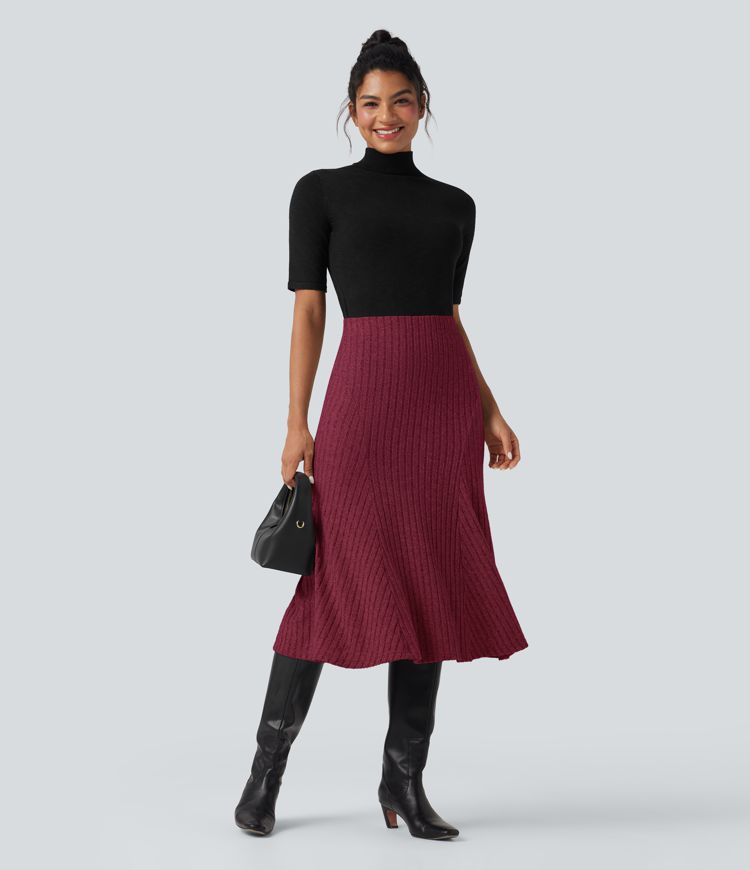 Ribbed Knit High-waisted Midi Casual A-line Skirt