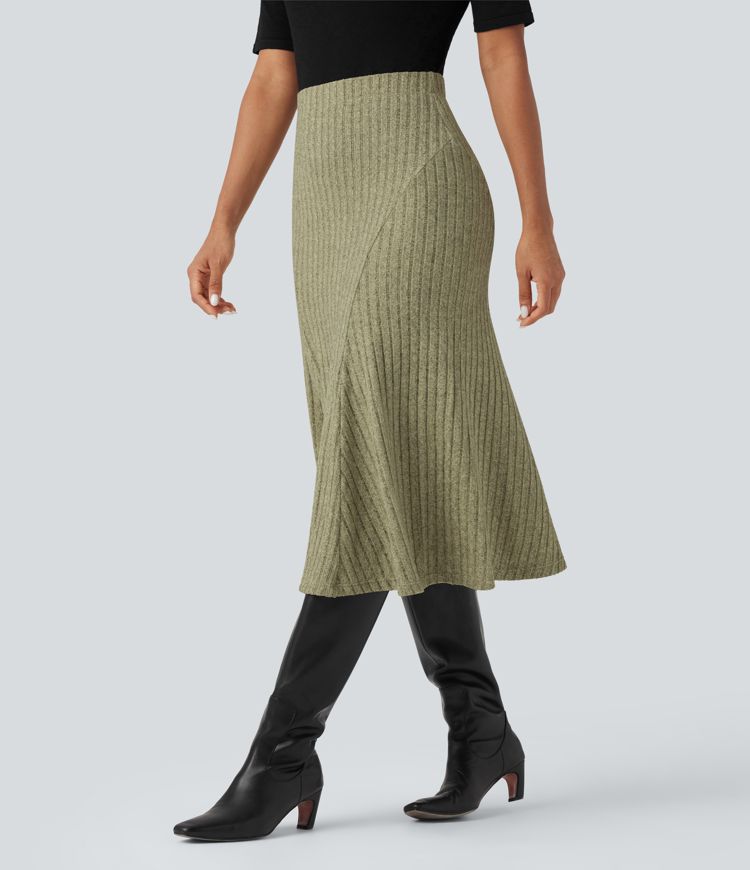 Ribbed Knit High-waisted Midi Casual A-line Skirt