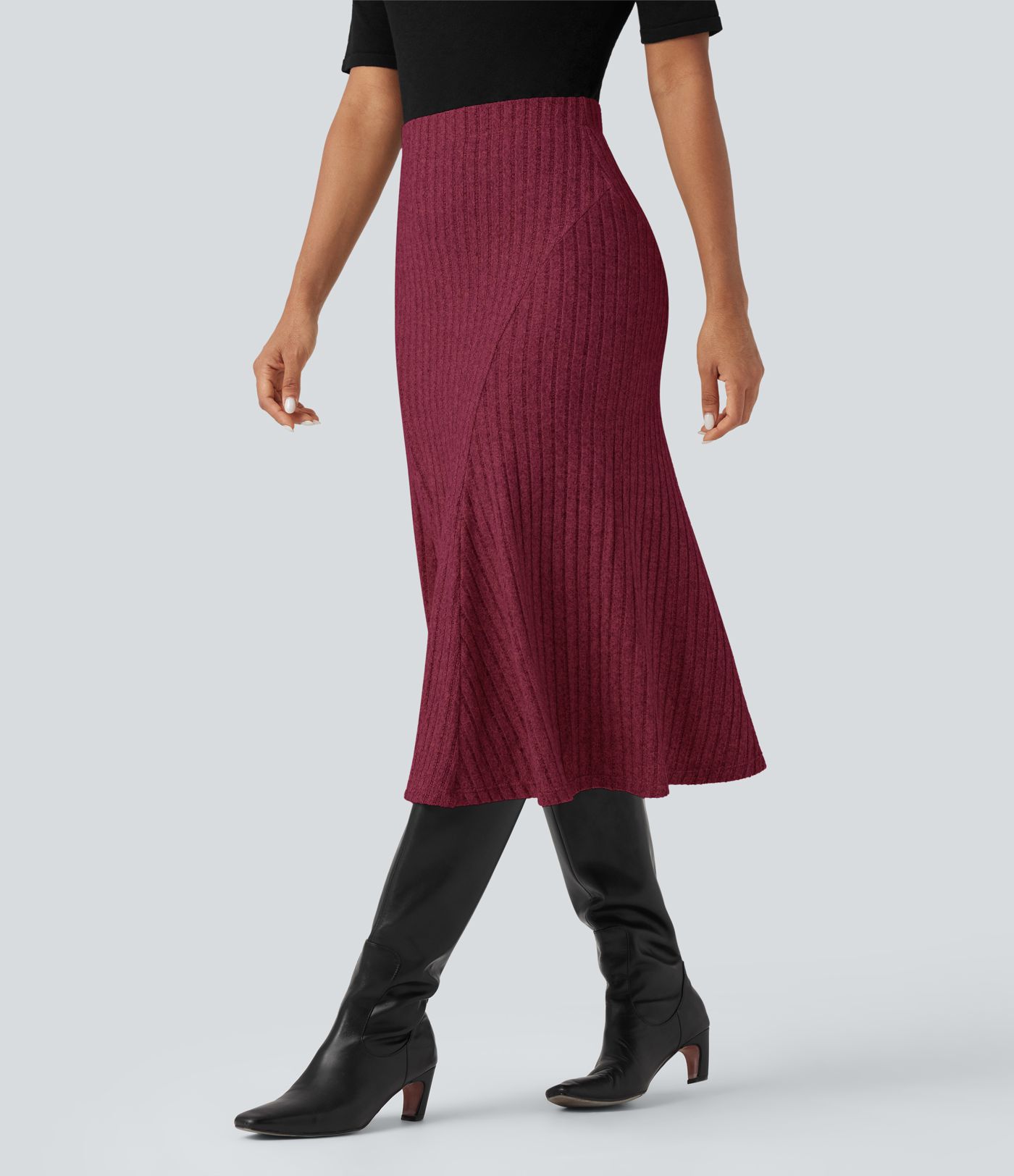 Ribbed Knit High-waisted Midi Casual A-line Skirt