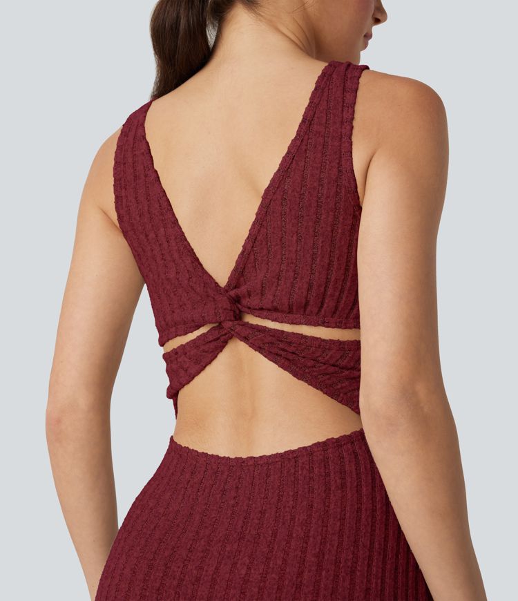 Ribbed Knit Square Neck Sleeveless Twist-back Split Casual Bodycon Maxi Dress