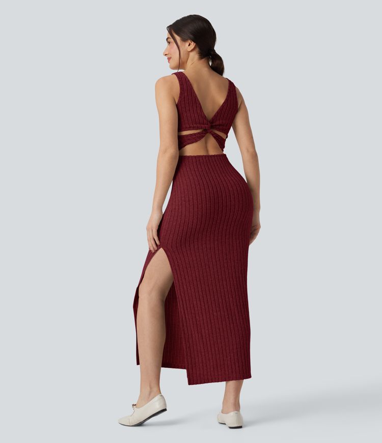 Ribbed Knit Square Neck Sleeveless Twist-back Split Casual Bodycon Maxi Dress