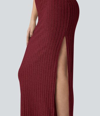 Ribbed Knit Square Neck Sleeveless Twist-back Split Casual Bodycon Maxi Dress