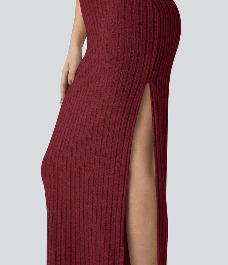 Ribbed Knit Square Neck Sleeveless Twist-back Split Casual Bodycon Maxi Dress