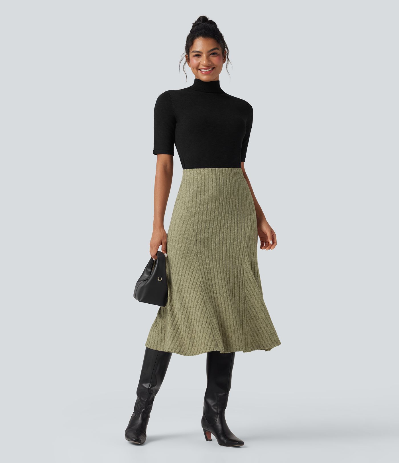 Ribbed Knit High-waisted Midi Casual A-line Skirt