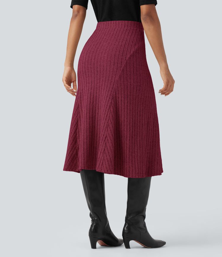 Ribbed Knit High-waisted Midi Casual A-line Skirt