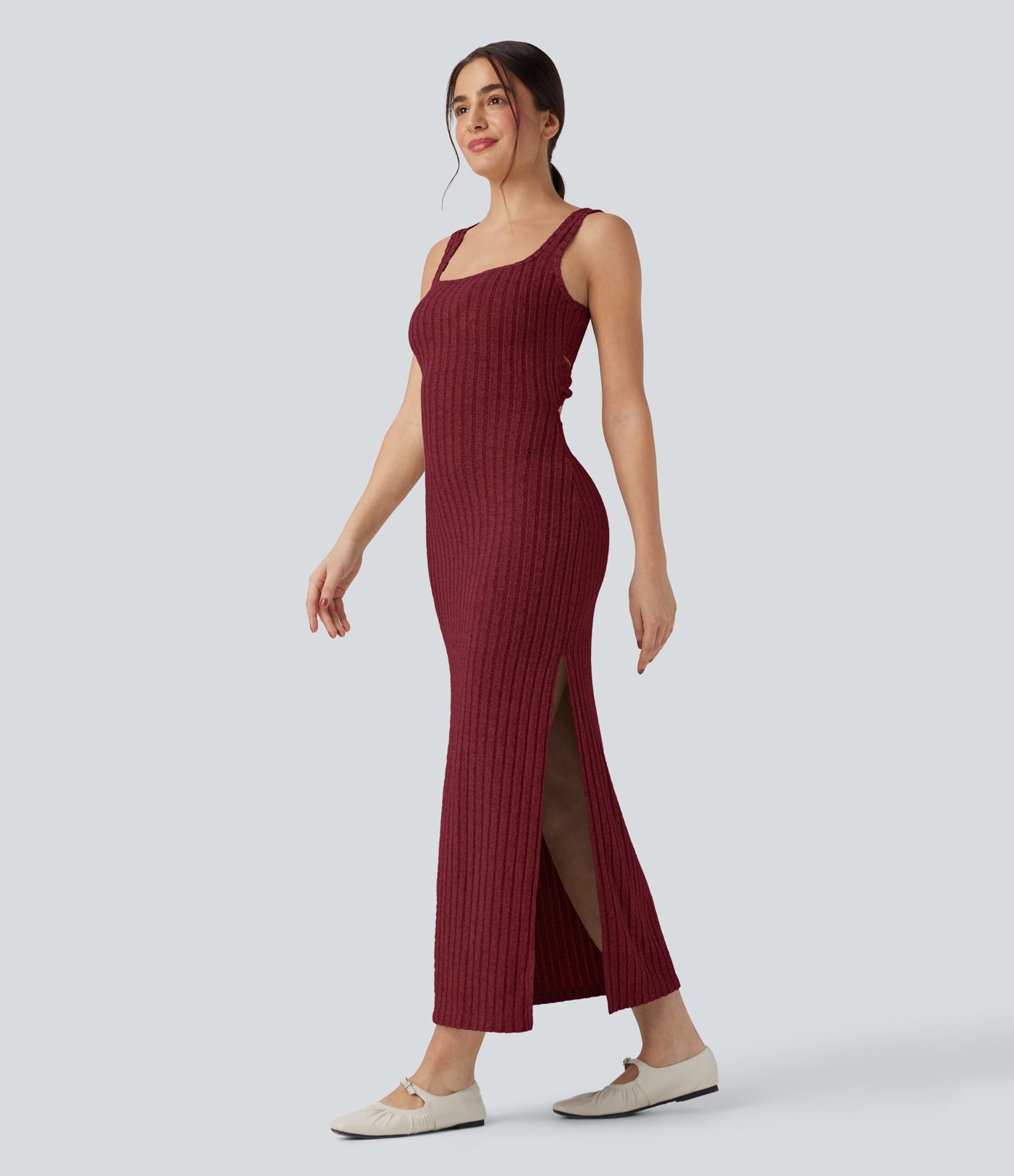 Ribbed Knit Square Neck Sleeveless Twist-back Split Casual Bodycon Maxi Dress