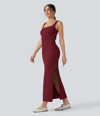 Ribbed Knit Square Neck Sleeveless Twist-back Split Casual Bodycon Maxi Dress