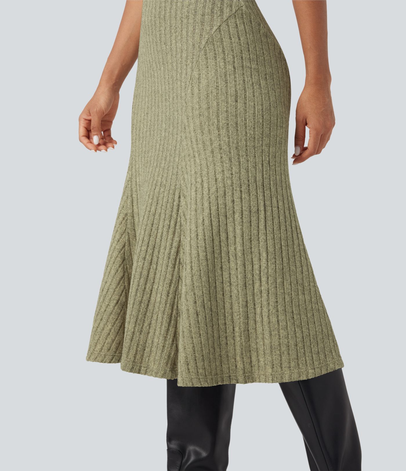 Ribbed Knit High-waisted Midi Casual A-line Skirt