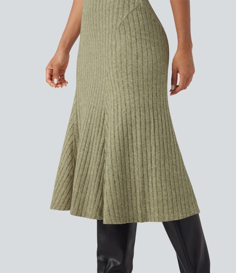 Ribbed Knit High-waisted Midi Casual A-line Skirt
