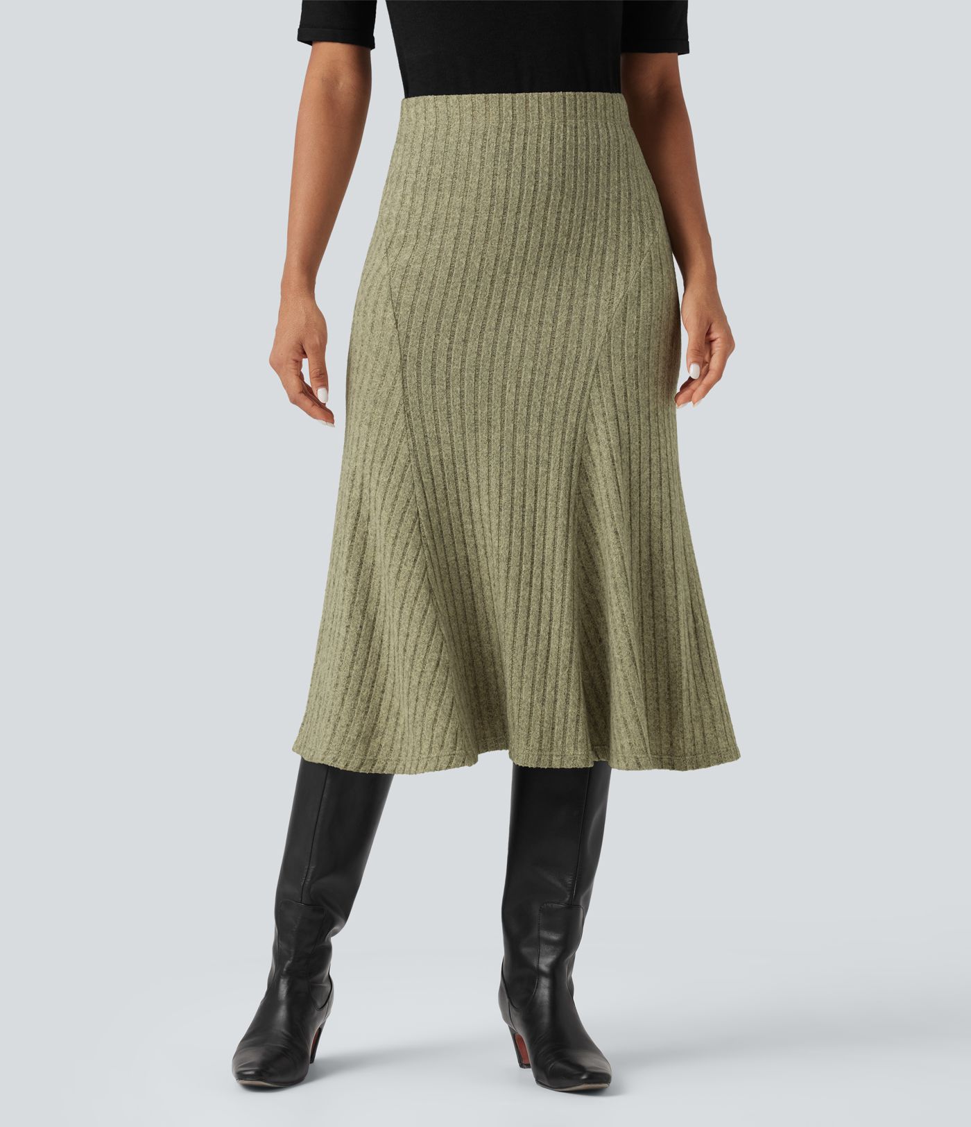 Ribbed Knit High-waisted Midi Casual A-line Skirt