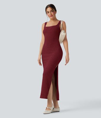 Ribbed Knit Square Neck Sleeveless Twist-back Split Casual Bodycon Maxi Dress