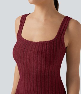 Ribbed Knit Square Neck Sleeveless Twist-back Split Casual Bodycon Maxi Dress