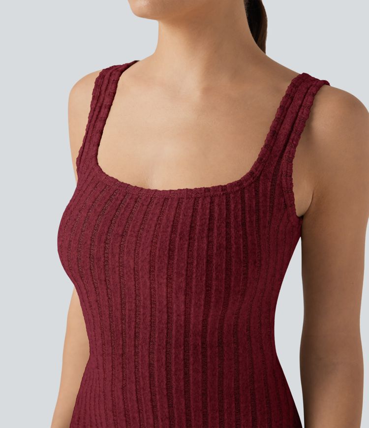 Ribbed Knit Square Neck Sleeveless Twist-back Split Casual Bodycon Maxi Dress