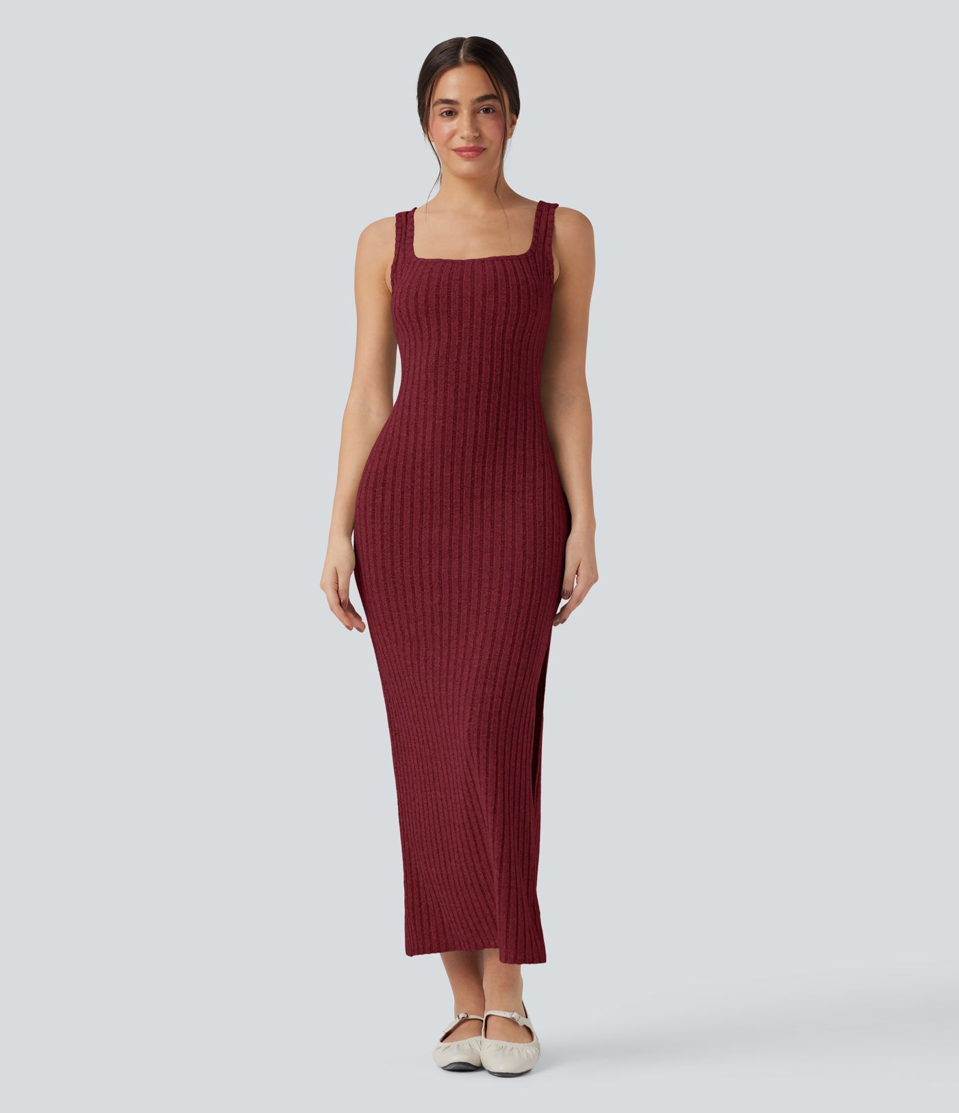 Ribbed Knit Square Neck Sleeveless Twist-back Split Casual Bodycon Maxi Dress