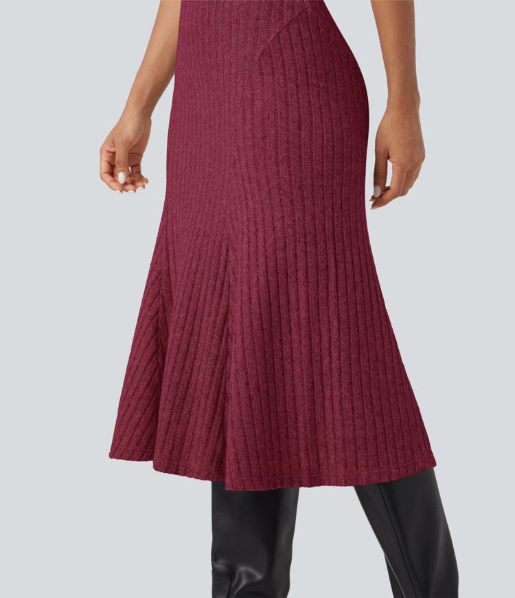 Ribbed Knit High-waisted Midi Casual A-line Skirt